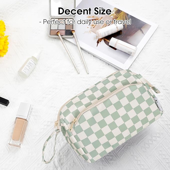 Narwey Makeup Bag Women Girls, Travel Toiletry Bag for Women Cosmetic Bag Organizer Make up Bag with Compartments Toiletries Medicine Bag (Mint Green Checkerboard)