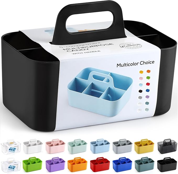 Multiuse Caddy Organizer with Handle, Portable Divided Plastic Tote Bin - Art Craft, Stationary Pen Marker Crayons, Makeup Hair Supplies Storage - Bathroom, Classroom, Dorm, Office, Desk Holder -Black