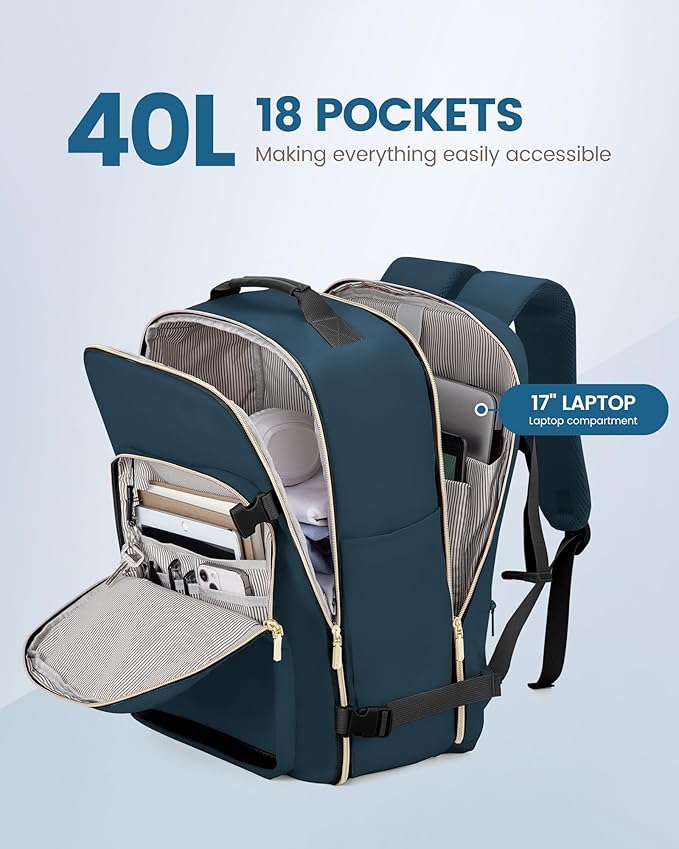 LOVEVOOK Travel Backpack for Women & Men 40L,Airline Approved Carry On Backpack Travel Essentials,TSA Carry on Luggage,Waterproof Personal Item Travel Bag,Suitcase with 3 Cubes,Dark blue green-Black
