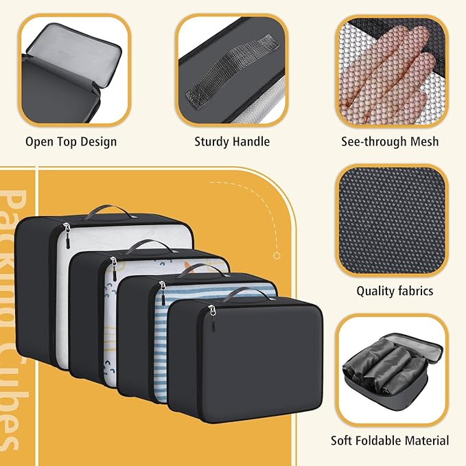 8 Set Packing Cubes for Travel Essentials, Organizers for Suitcase and Luggage in 4 Sizes, Luggage Organizer with Toiletries/Laundry/Shoes/Sock Bags (Grey)