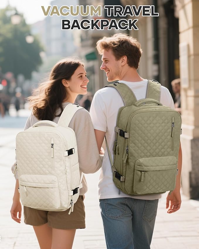 VECAVE Vacuum Travel Backpack with Pump for Women,Personal Item Carry on Backpacks Flight Approved 18x14x8 inches for Men,Laptop Waterproof Work Compression bags Casual Daypack Khaki.