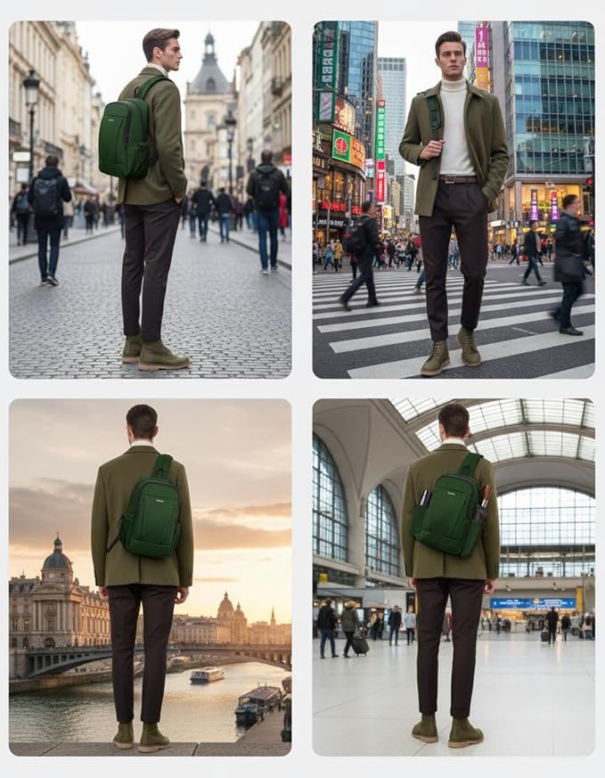 ECOHUB Anti-Theft Crossbody Bag Men Women, RFID Blocking Lightweight Sling Backpack Eco-Friendly with 9 Pockets Sturdy SBS Zippers Water Resistant for Travel Work Hiking Outdoor, Army Green
