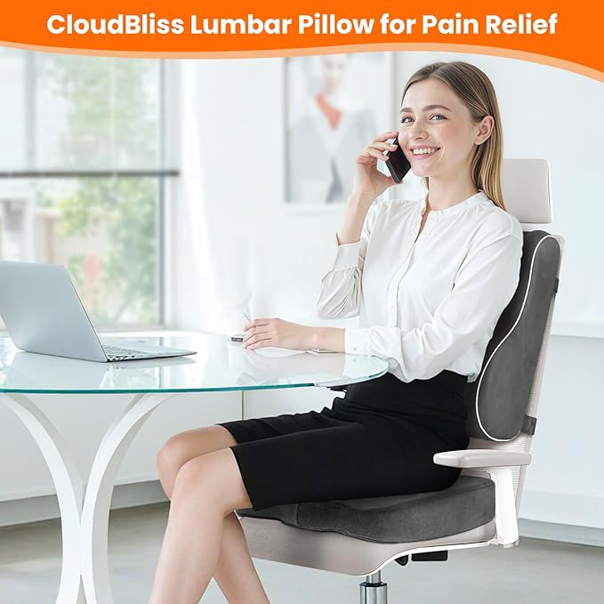 CloudBliss Ergonomic Lumbar Support Pillow Seat Cuhsion - Memory Foam for Lower Back Pain Relief, Adjustable Straps & Mesh Cover for Office, Gaming, Car Seat (Grey)