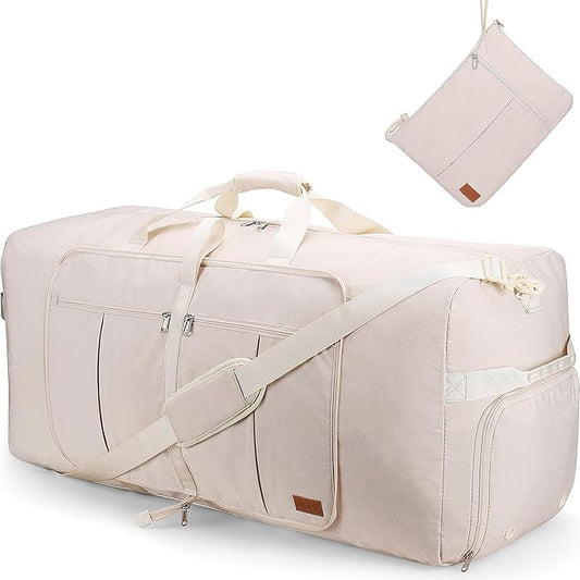 80L Large Duffle Bag for Travel, 26' Travel Duffel with Shoe Compartment, Foldable Collapsible Overnight Gym Weekender Bag for Men Women, Waterproof & Tear Resistant (Beige, 80L)