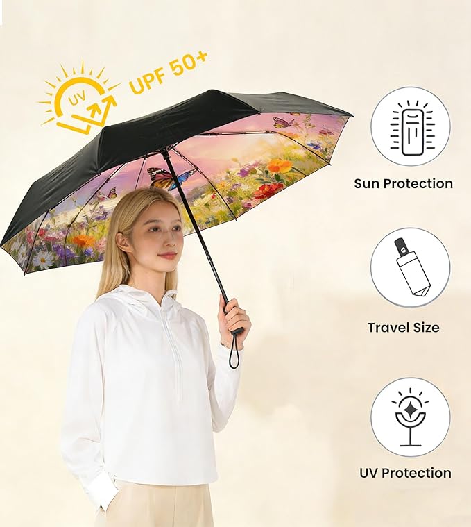 SIEPASA Compact Travel Umbrella - Windproof Auto Open/Close, Lightweight Folding Umbrella wIth Fiberglass Frame & Waterproof Canopy. Fits Backpack/Purse. (Garden Butterfly)