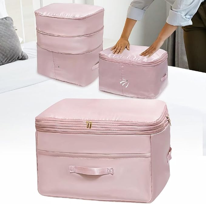 Ultra Space Saving Self Compression Organizers, Double Zipper Compression Packing Cubes for Bedding, Comforter Storage Bag for Blankets Duvet Quilts Pillows Queen King (Pink, X-Large)