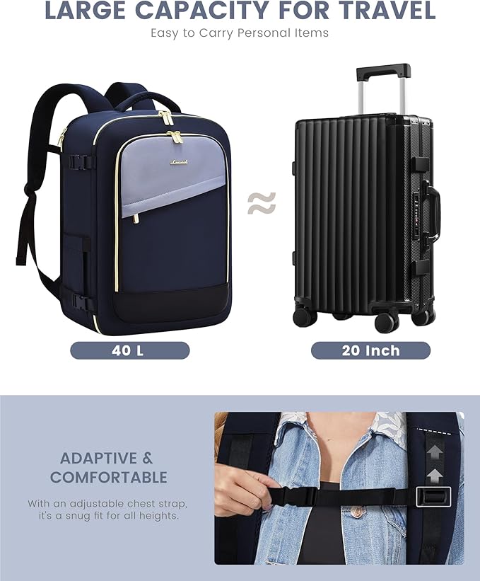 LOVEVOOK Travel Backpack for Women, 40L Carry On Backpack Flight Approved, Large Personal Item Bag Fits 17 inch Laptop, TSA Approved Luggage with 3 Packing Cubes,Waterproof Weekender Gym Essentials