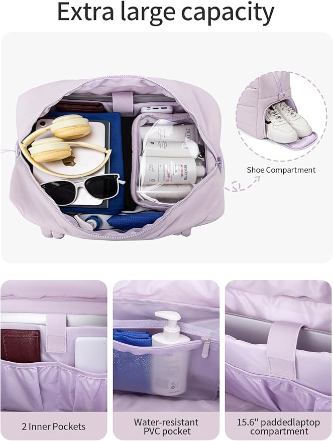 Gitus Carry On Duffle Gym Bag for Women Puffer Weekender Overnight Duffel Bag for Travel with Clear Toiletry Pouch Sport Yoga Fitness Essentials Gifts (Lavender)