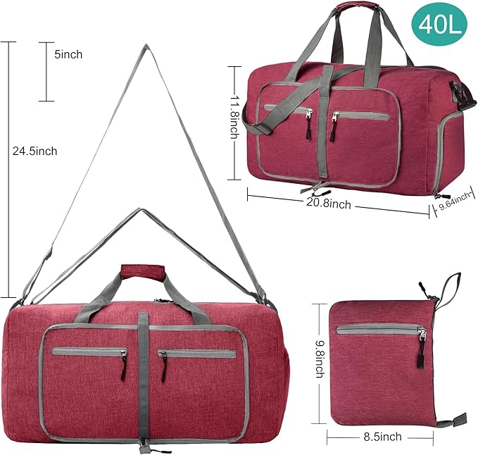 Dimayar 40L Travel Duffle Bag for Men Women - Foldable Duffel Bag with Shoes Compartment - Overnight Bags Waterproof & Tear Resistant(Red)