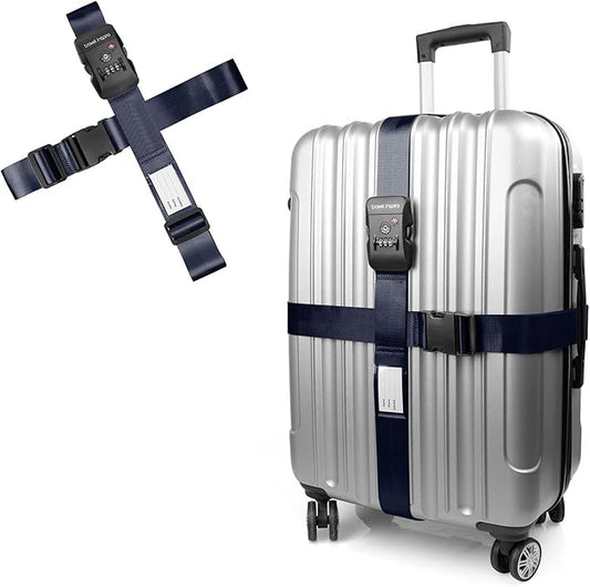 Travel Inspira Luggage Straps TSA Approved, 2 Pack Navy Blue Suitcase Straps with TSA Lock, Heavy Duty Adjustable Cross Travel Belt, Locking Bag Straps for Suitcases, Anti-Theft Travel Gear
