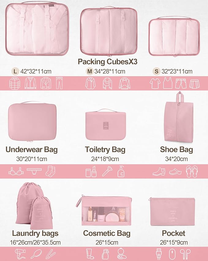 Packing Cubes 10 PCS, Mesh Breathable Luggage Organizers Bags, Packing Organizers, Durable Travel Essentials Bags Set, Travel Packing Organizers,Pink