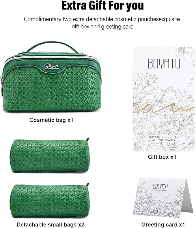 BOYATU Travel Makeup Bag Cosmetic Bags for Women: Large Capacity 3 Pcs Set Make up Bag with Compartments - Waterproof Vegan Leather Toiletry Organizer Bags with Handle (L38 Green)