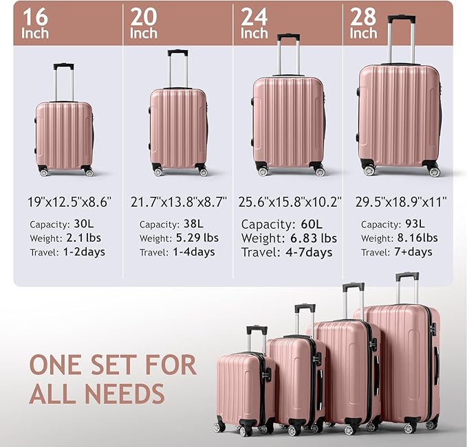 Karl home 4 Piece Luggage Sets, Travel Suitcase, Large Capacity Lightweight Luggage Sets with TSA Lock & Spinner Wheels, for Business, Travel, School Starts (16"/20"/24"/28"), Rose Gold
