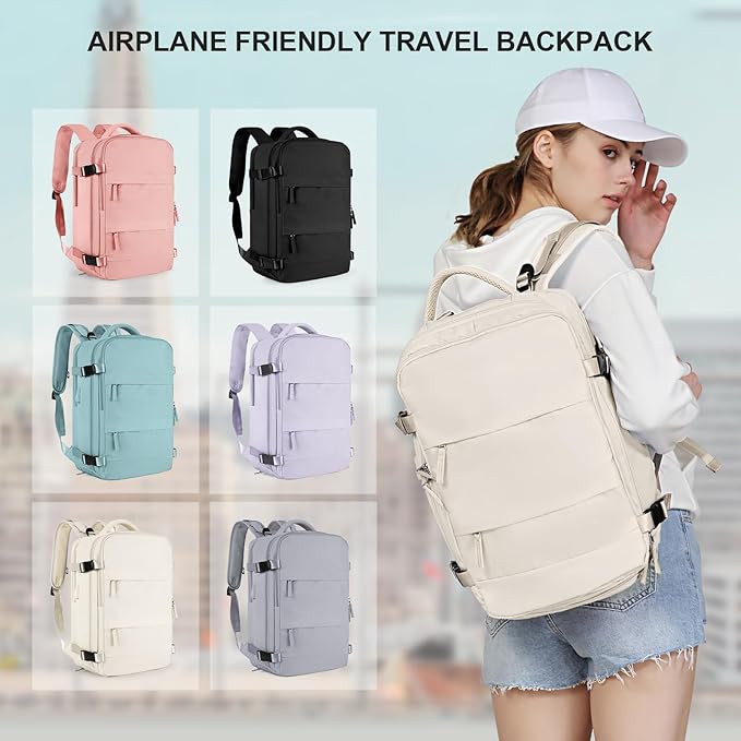 coowoz Large Travel Backpack For Women Men,Carry On Backpack Flight Approved,Hiking Backpack Waterproof Outdoor Sports Rucksack Casual Daypack Fit 15.6 Inch Laptop Shoes Compartment（Off White）