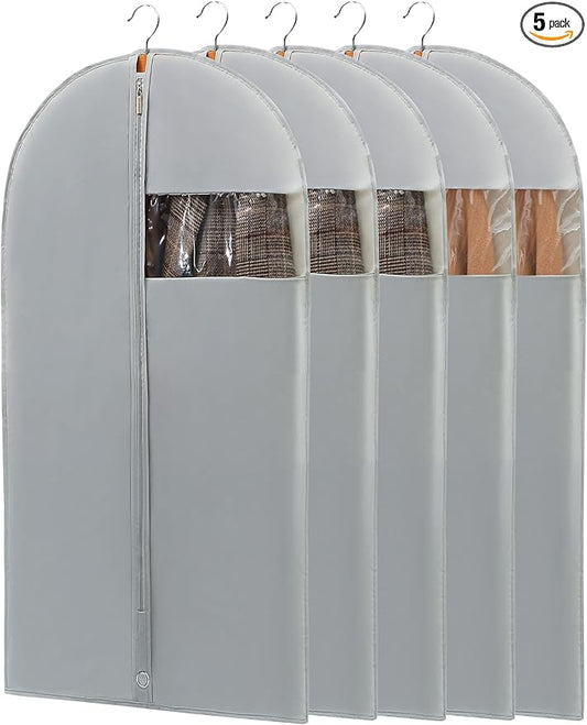 43" Garment Bags for Hanging Clothes, Suit Bags for Closet Storage and Travel, Grey Suit Cover Bags with Clear Window for Coats, Jackets, Shirts (5 Packs)