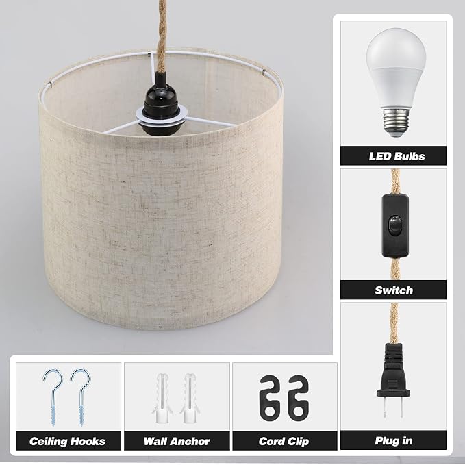 KUAUGST Plug in Pendant Light, Hanging Lights with Plug in Cord, Hanging Lamp with 15ft Hemp Rope, On/Off Switch, Beige Linen Shade, Light Fixture for Bedroom, Living Room, Dining Table 2 Pack
