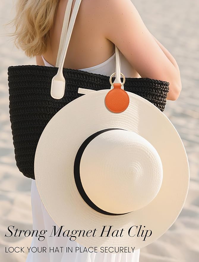Niveaya Magnetic Hat Clip for Travel on Bag, Strong Magnet Keeps Hat Secure on Purse Luggage Backpack, Travel Essentials Accessory for Beach Cruise Outdoor, Stylish Leather Finish, Orange