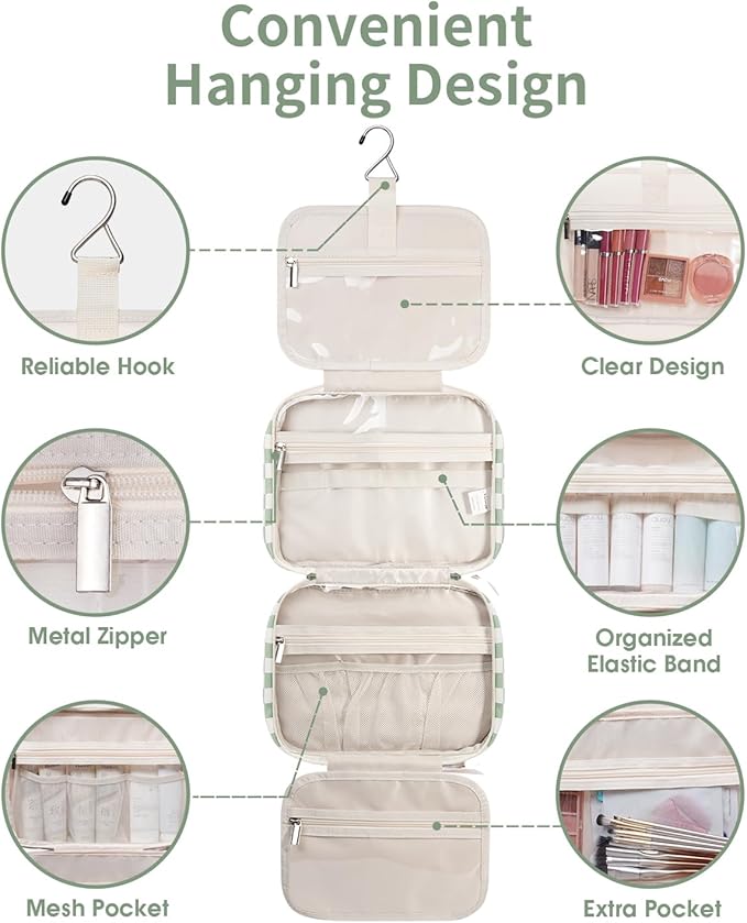 Narwey Travel Toiletry Bag for Women Large Capacity, Hanging Makeup Bag Organizer Toiletries Bag for Full Size Essentials, Accessories, Brushes, Cosmetics (Mint Green Checkerboard (Large))