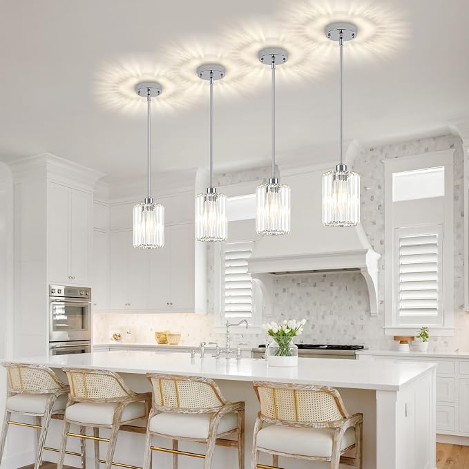 Chrome Pendant Lights Over Island Modern Crystal Kitchen Lighting Fixtures | 1 Pack Adjustable Entryway Ceiling Lights, Hanging Pendant Light for Dining Room Bathroom Hallway Above Sink