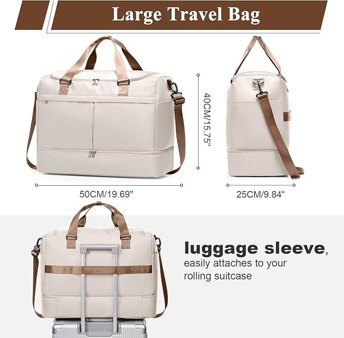 Weekender Bags for Women - 50L Large Travel Duffle Bag with Shoe Compartment - Carry on Overnight Bag for Travel, Weekend Getaway, Gym, Hospital