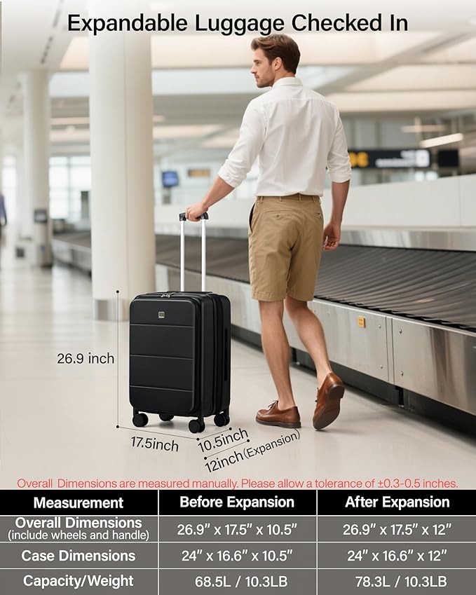 MILADA 24 Inch Checked Luggage, Expandable Hardshell Suitcase with 360° Spinner Wheels & TSA Lock, Lightweight Medium Rolling Luggage for Men and Women Travel, Black