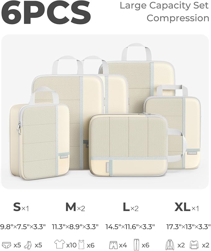 Percover Compression Packing Cubes 6-Piece Set, Packing Cubes Compression for Travel with Multi-Size Organization, Travel Organizer for Carry On & Checked Luggage, Beige