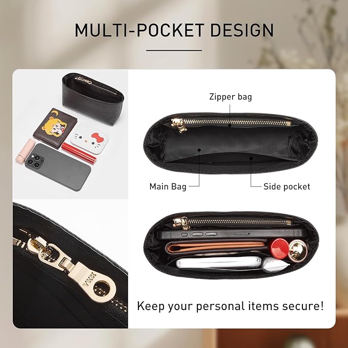 Upgraded Purse Organizer Insert Compatible with Longchamp Mini Xtra/Original/Green XS Pouch, DupontPaper Handbag Organizer Divider Shaper Inner with Zipper, Full-black/XS