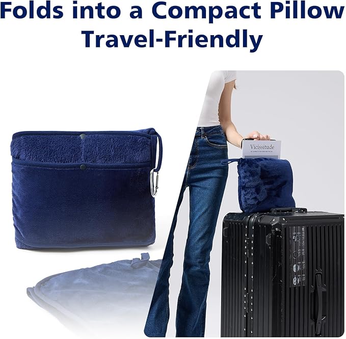 Travel Blanket with Carry Bag, Lightweight Wearable Airplane Blanket, Soft Packable Throw for Travel & Office Navy Blue