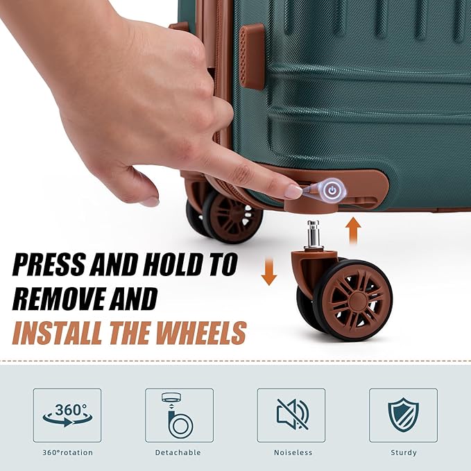 KUNEL Expandable 5 Piece Luggage Sets with Detachable Spinner Wheels and TSA Lock, Unisex Hardside ABS Suitcase Set, Hardshell Lightweight Waterproof Travel Hard Case Suitcases with Wheels, DarkGreen