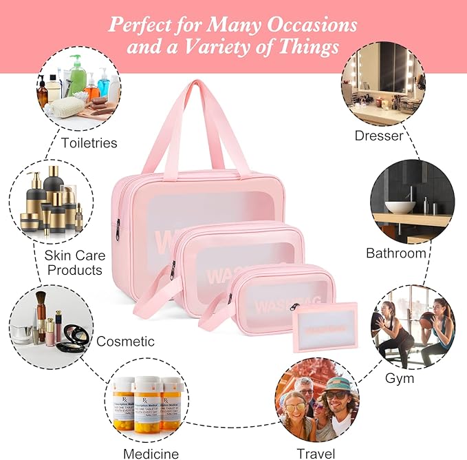 YuanCheng Upgrade Travel Toiletry Bags for Women, Pack-4 Different Size Make Up Bags with Handle, Large Capacity Translucent Waterproof Travel Cosmetic Bags (Comestic Bag-Pink)