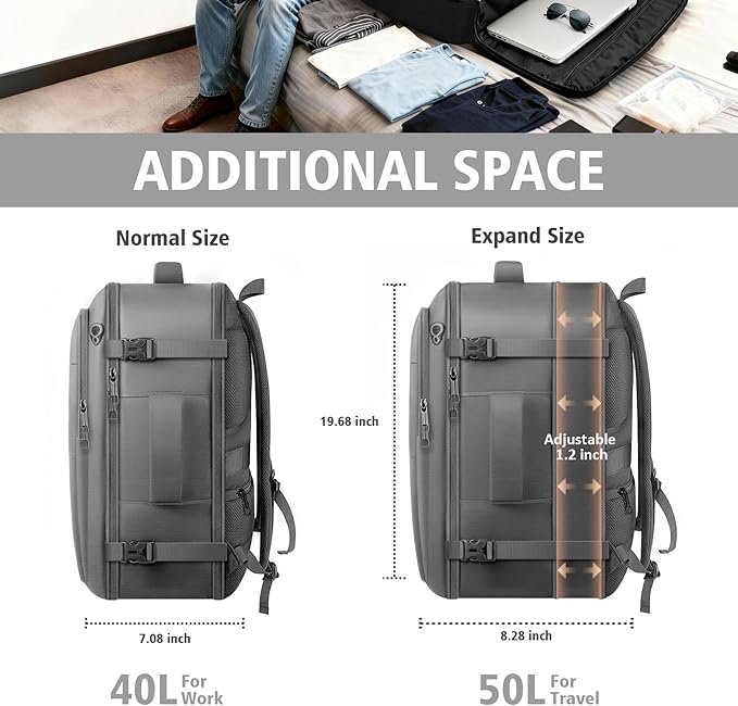 Travel Backpack, Extra Large 50L Flight Approved Carry on Backpack, Expandable Waterproof Business Suitcase Daypack Big Bag Fits 18.4 Inch Laptop, Grey