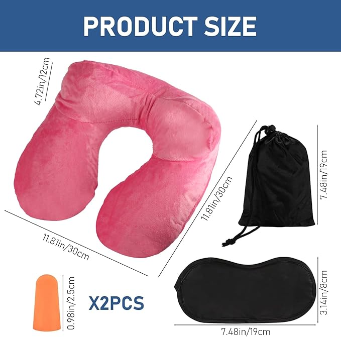 Air-Filled Travel Pillows for Sleeping Airplane Neck Support for Traveling Pillow Inflatable Travel Neck Pillows for Air-Filled Neck Pillow Airplane, with Eye Masks, Earplugs