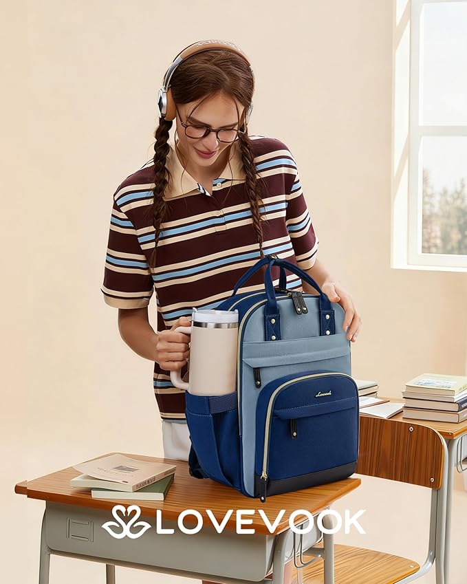 LOVEVOOK Laptop Backpack for Women with Giant Tumbler Holder Pocket,17.3 inch School College Bookbag Nurse Teacher Backpack,Work Travel Backpack Purse Laptop Computer Bag,Indigo blue-Mint green-Indigo