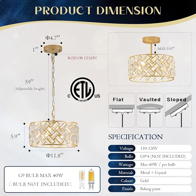 12" Gold Crystal Chandelier 4-Light Drum Semi Flush Mount | Gold crystal drum chandelier with 4 lights, cross-pattern K9 crystals and semi flush mount design for elegant interiors