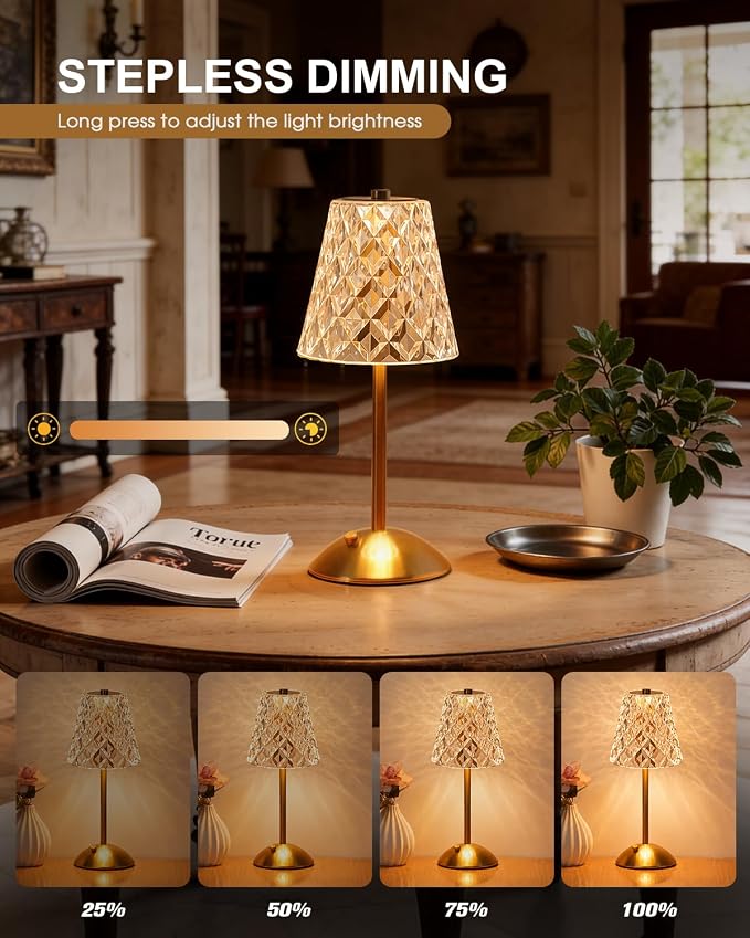 Nusogon Rechargeable Cordless Table Lamp, Gold Small Battery Powered Lamp | 3 Color Dimmable Small Bedside Lamp, LED Touch Lamp for Bedroom Restaurant Kitchen Home Decor