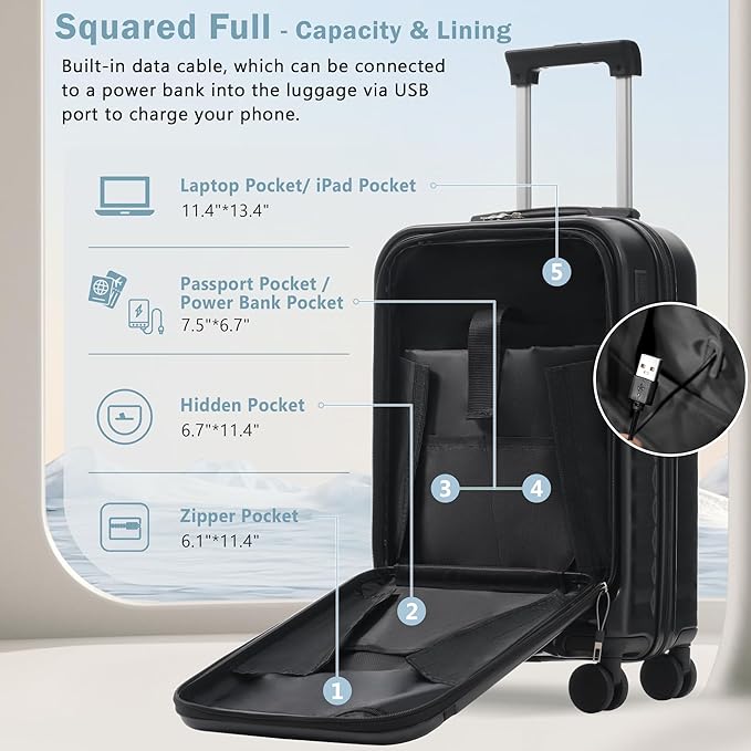 Merax Luggage Sets 3 Piece,Front Open Hardshell Expandable Suitcase with Spinner Wheels and Duffel Bags,Lightweight Carry on Luggage with USB Port,20/24IN,Black