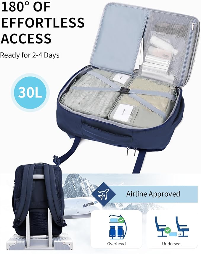 ECOHUB Carry On Travel Backpack, Expandable Airlines Personal Item Bag 18x14x8, Water Resistant 17 inch Laptop Backpack Flight Approved, 12 Pockets 30L Work Backpacks with Wet Pocket Cable Slot, Blue