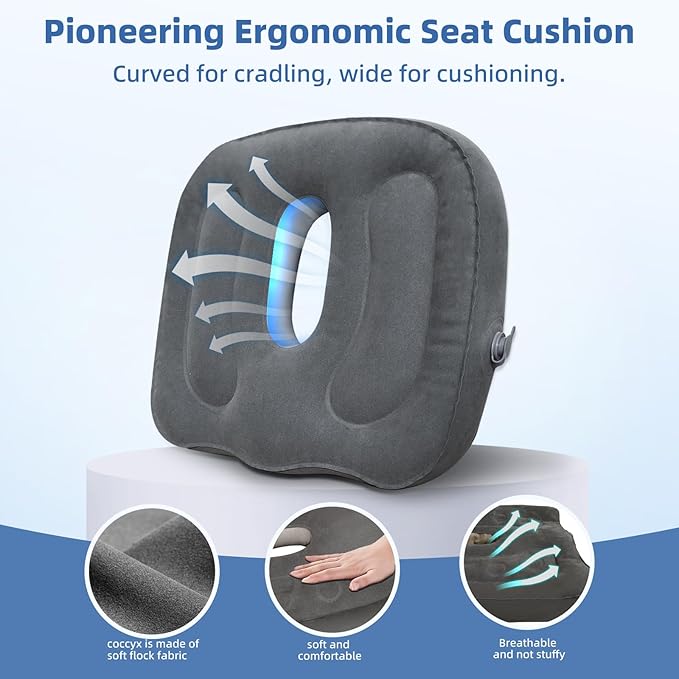 Sondor Travel Cushion,Air Seat Cushion,Evolution Cushion Portable & Lightweight Inflatable Seat Cushion - Ideal for Airplane Chairs, School Bleachers, Stadium Seats, and Wheelchairs (Gray)
