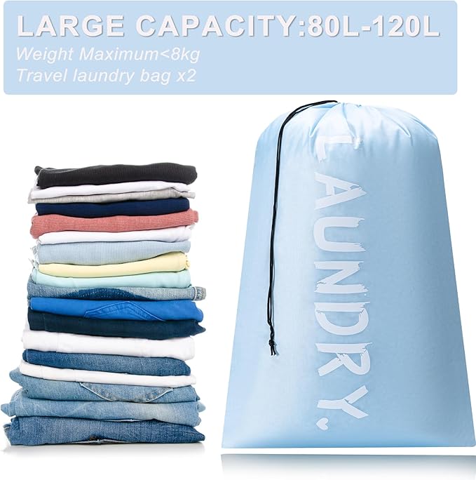 2 Pack 28" x 40"Travel Laundry Bag, Machine Washable Dirty Clothes Organizer with Drawstring,Large Enough to Hold 4 Loads of Laundry, Easy Fit a Laundry Hamper or Basket Travel Essentials