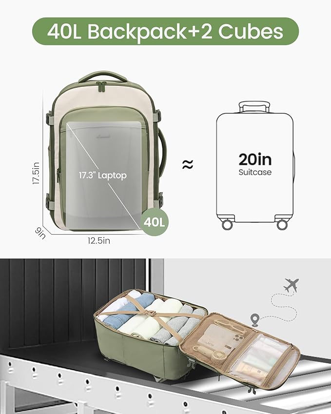 LOVEVOOK 40L Travel Backpack for Women & Men, Airline Approved Carry On Backpack, TSA Personal Item Bag fits 17.3 Inch Laptop, Waterproof Weekender Overnight Bags Suitcase for Work, Light Pink