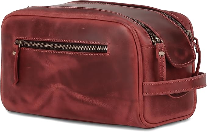 KomalC Leather Toiletry Bag for Men & Women – Handcrafted Travel Grooming Kit with Water-Resistant Lining and Secure Zipper Closure