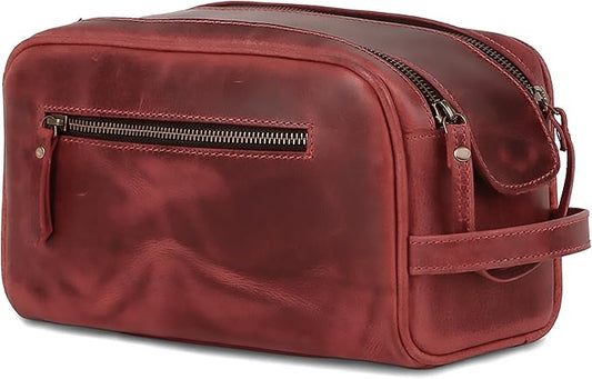 KomalC Leather Toiletry Bag for Men & Women – Handcrafted Travel Grooming Kit with Water-Resistant Lining and Secure Zipper Closure
