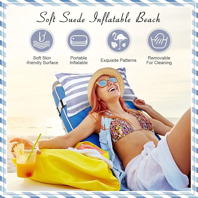 Menkxi 17"x10" Inflatable Beach Pillow with Removable Cover, Beach Chair Backpacking Pillow with Strap Stripe for Summer Sand Pools Travel Vacations(Gray White)