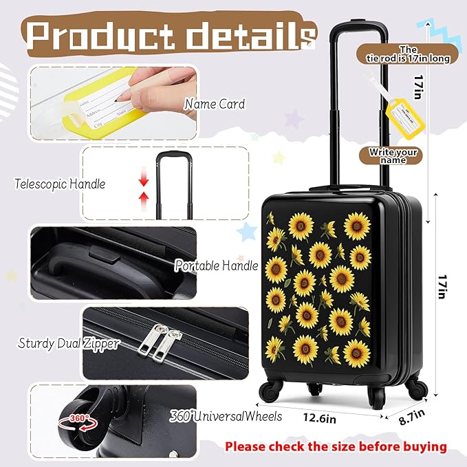 Redbaker 17 Inch 6 Pcs Kids Luggage Set Kids Rolling Luggage Double Pattern Suitcase for Boys Girls (Black Yellow, Sunflower Style)