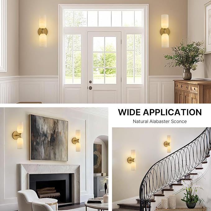14" Natural Alabaster Sconce, Vintage Brass Marble Wall Light | Natural Spanish Alabaster, Modern Vintage Style, Unique Marble Veining, Solid Brass Construction, Dual Installation Options