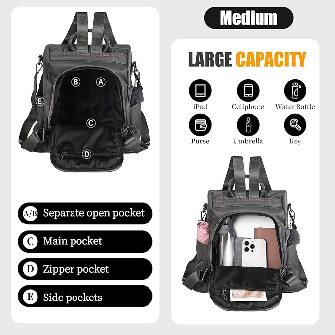 PINCNEL Women Backpack Purse Waterproof Nylon Anti-theft Rucksack Lightweight Shoulder Bag