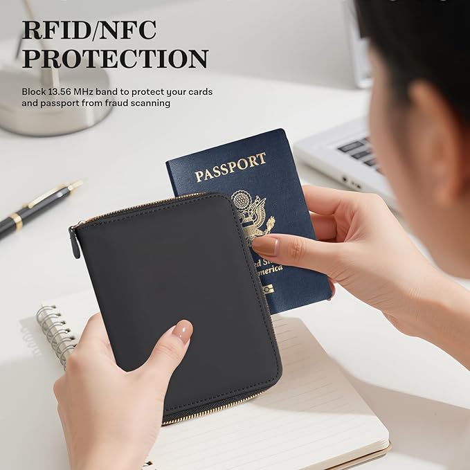 CoBak Passport Holder Cover with Safe Zipper Closure, Premium Passport Wallet for Travel, RFID Blocking Card Case, Waterproof Travel Accessories for Man, Black Grain