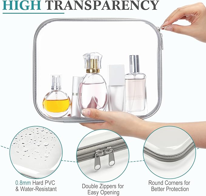 Sanwuta 6 Pcs Clear Hard Zipper Case Plastic Zipper Pouches Transparent Makeup Bag Pencil Case Pouches Toiletry Diaper Bag for Travel Toy Storage Organizer Bins(Gray,9.84 x 7.87 x 2 Inch)
