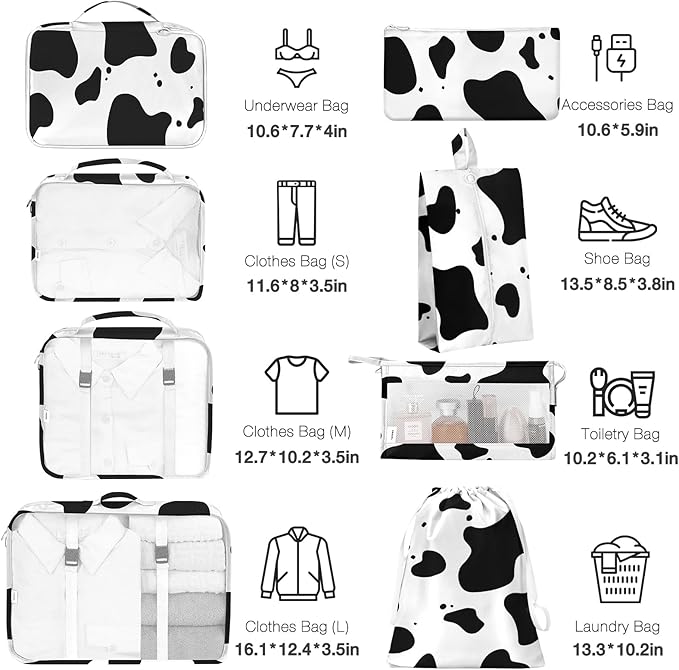 8 Set Packing Cubes for Suitcases, Packing Cube with Shoe, Cosmetics, Clothing, and Accessories Bags Packing Cubes for Travel Luggage Organizer(Cow)