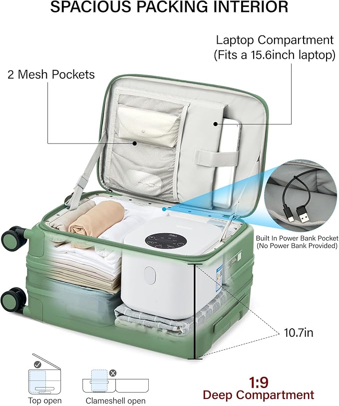 Hanke 20 Inch Expandable Carry On Luggage with Cup Holder 22x14x9 Airline Approved, Top Opening Hard Shell Suitcases with Wheels, Carry-On Travel Suitcase Trunk Luggage with Lock, Forest Green